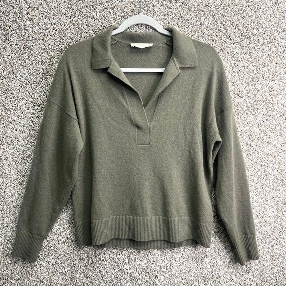 Everlane Sweater Women’s Medium Green Cashmere Pullover V-Neck Long Sleeve Polo - Picture 1 of 4